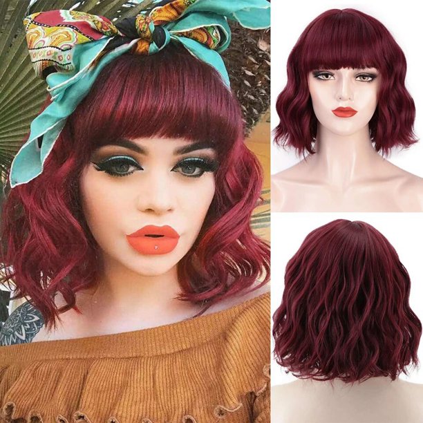 Peluca azul sintética con flequillo para mujer, pelo Natural rosa/Rubio/rojo, fibra resistente al calor, Cosplay