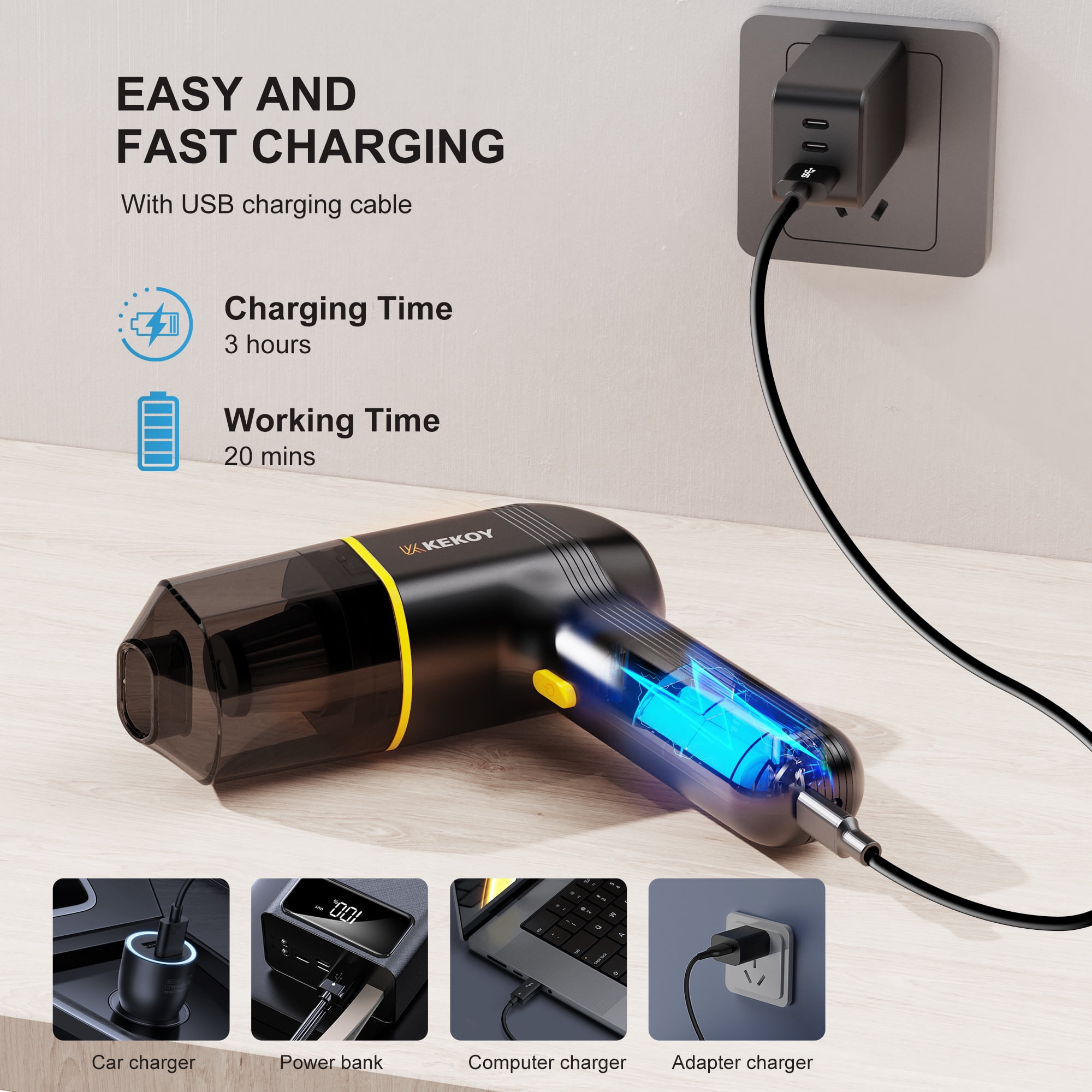 Car Vacuum Cleaner Cordless, KEKOY Portable Handheld Vacuum, Powerful Sutions Multifunctional Small Rechargeable Vacuum Lightweight for Car, Home