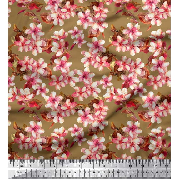 Soimoi Brown Heavy Canvas Fabric Blossom Floral Decor Fabric Printed Yard 58 Inch Wide