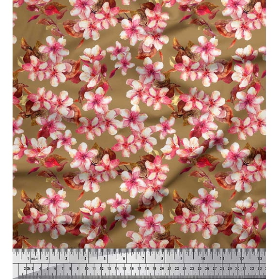 Soimoi Brown Silk Fabric Blossom Floral Print Fabric by the Yard 42 Inch Wide