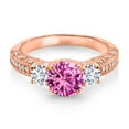 thumbnail image 2 of Gem Stone King 18K Rose Gold Plated Silver Pink Created Sapphire White Lab Grown Diamond and White Moissanite Engagement Ring for Women (2.28 Ct, Gemstone September Birthstone, Round 7MM, Size 5), 2 of 3