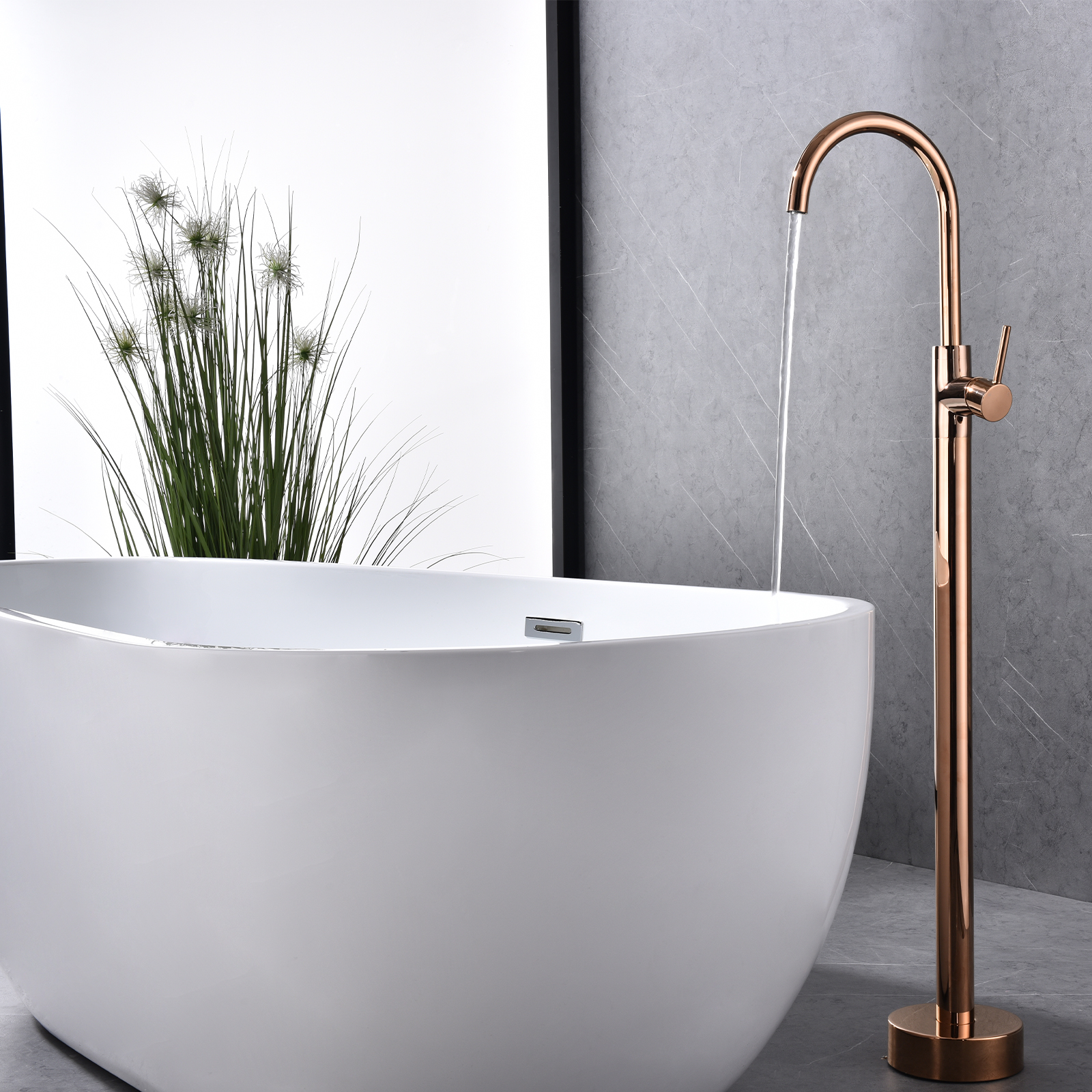 Dawot Floor Mount Bathtub Faucet, Gold Finished Brass Bathroom Freestanding Tub Filler Single Handle Tub Spout