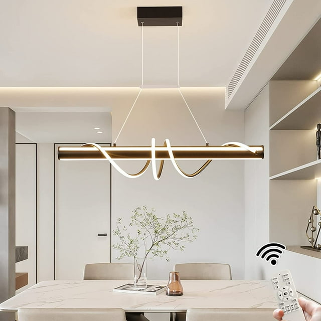 SHILIU-Modern Pendant Light, 55W Dimmable LED Chandelier with Remote, Linear Kitchen Island Pendant Lighting, Black Wave Hanging Light Fixture for Dining Table Living Room Bedroom (L59 Adjustable)