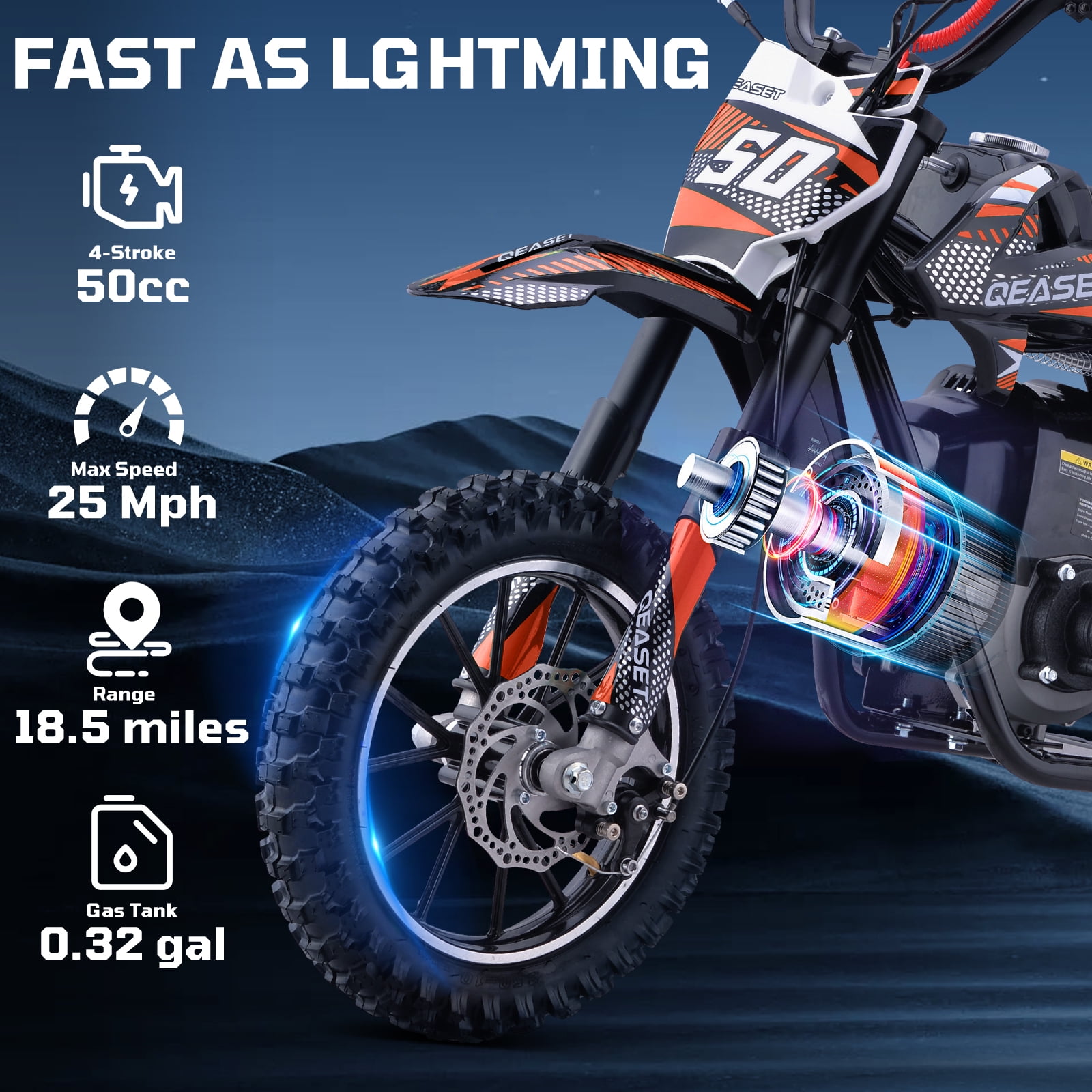 QEASET 49CC 4-Stroke Gas Powered Dirt Bike for Adults & Teens, off Road Tire, Pull Start