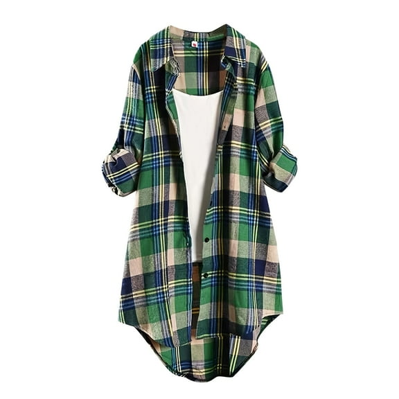 Caqnni Women's Plaid Shacket 2024 Long Sleeve Button Up Flannel Shirt Winter Tartan Jacket Woolen Coats (Blue,L)