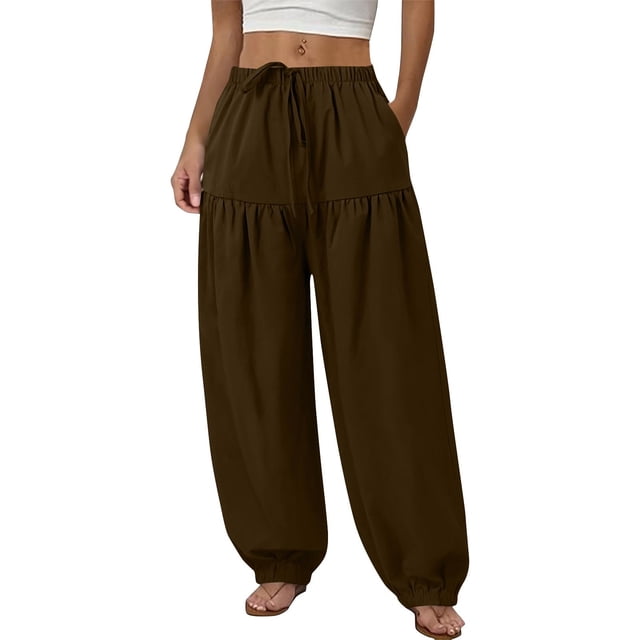 Pantalones de cintura elástica para las mujeres Color sólido empaquetado pies cordón longitud completa cónico Jogger bolsillos pantalones verde oliva mujeres
