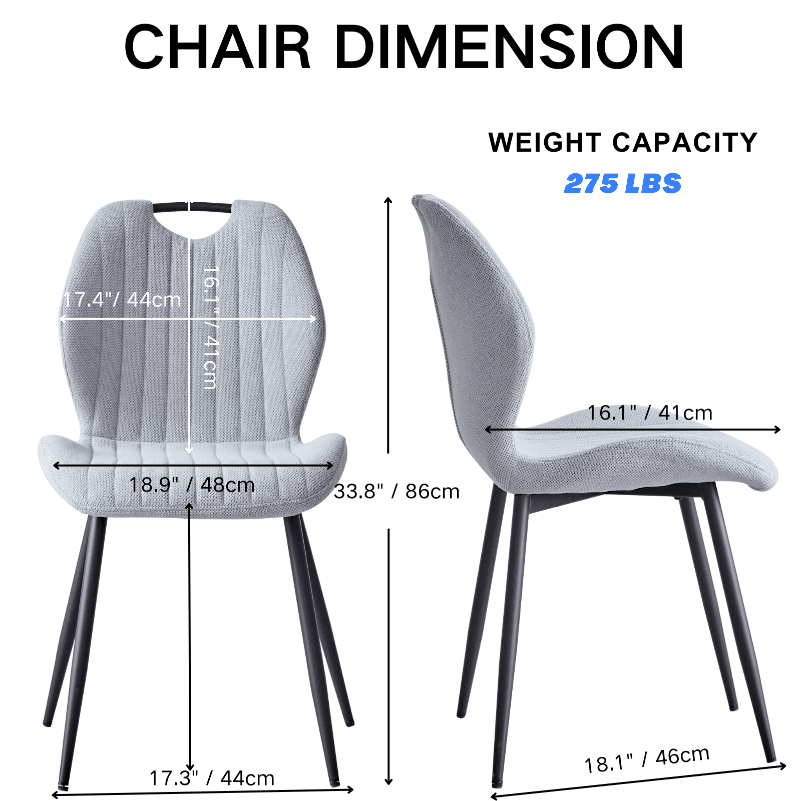 Dining Chairs Set of 4, Modern Upholstered Kitchen Chairs Scandi Living Room Fabric Wingback Side Chairs with Metal Legs, Gray