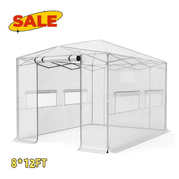 Hassch Walk-in Greenhouse 8x12ft, Outdoor Green House with Zippered Door, Gardening Plant Hot House, White