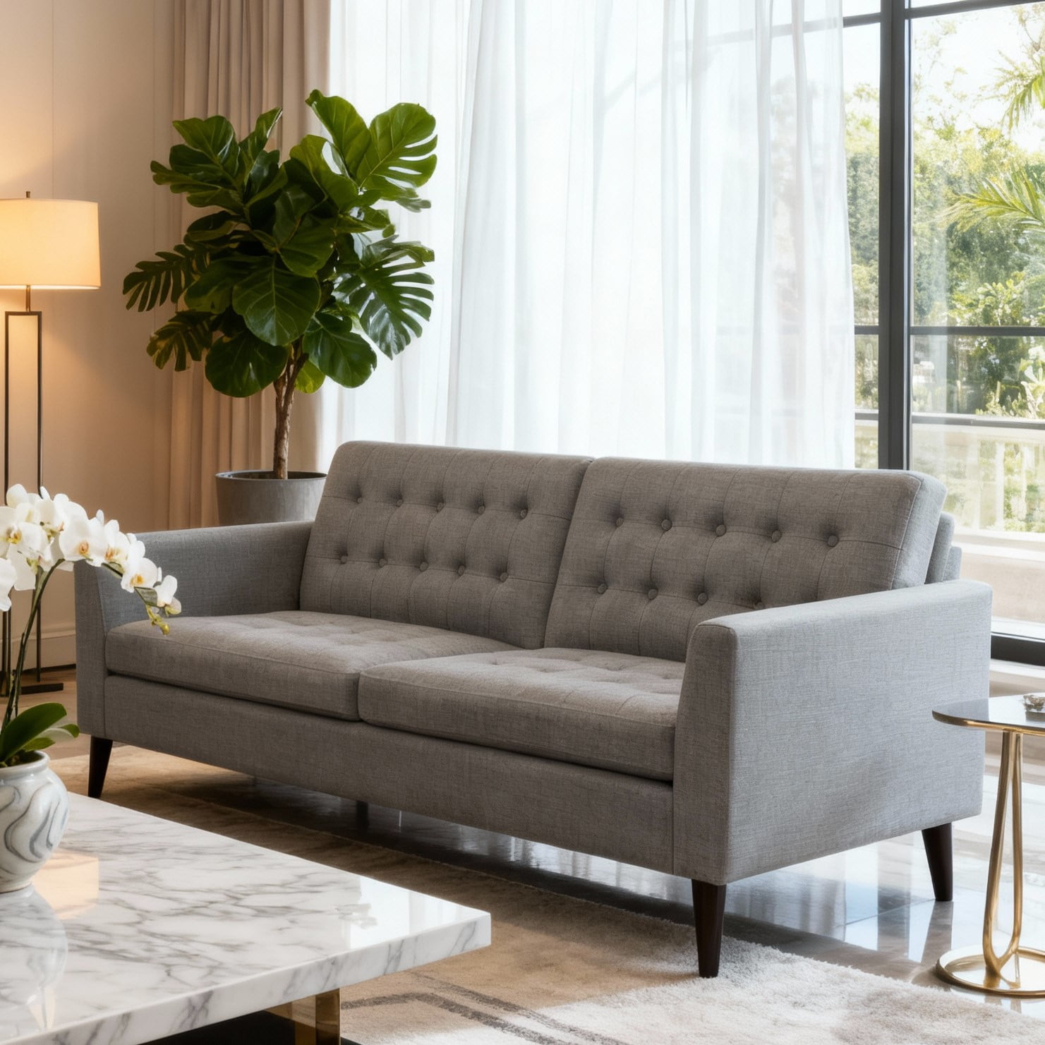 Gewnee Grey 68-Inch Linen Loveseat Sofa - 2-Seater Upholstered Couch with Solid Rubberwood Legs, 100% Linen Fabric & Button-Tufted Backrest for Living Room/Bedroom
