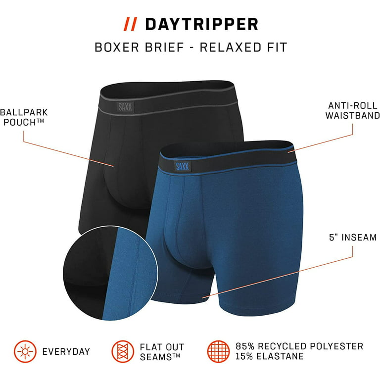 Saxx Underwear Men's Boxer Briefs - Daytripper Boxer Briefs with Built-in  Ballpark Pouch Support – Pack of 2, Black/City Blue Heather, X-Large