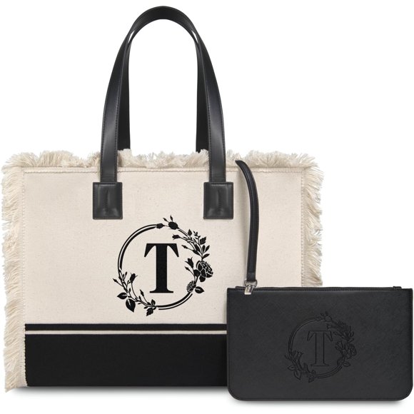 UTAH-Initial Canvas Tote Bag for Women, Personalized Birthday Gift, Casual Tassel Handbag with Wristlet Clutch
