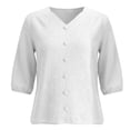 thumbnail image 5 of Womens Tops 3/4 Sleeve Cotton and Linen V Neck Embroidered Casual Loose Top Fashion Shirt, 5 of 6