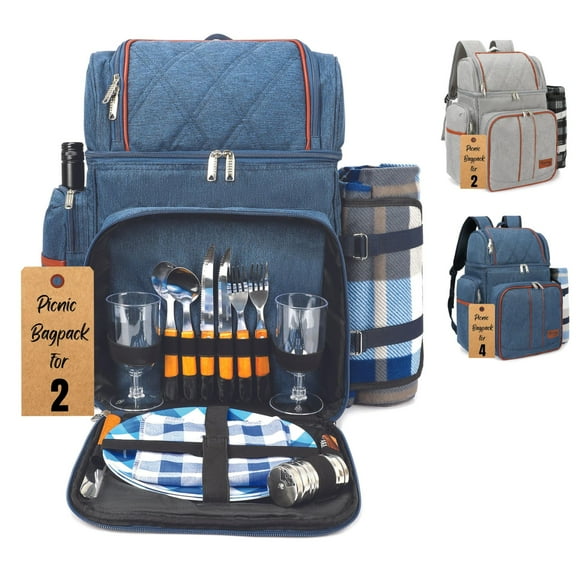 Rnoony Picnic BackPack For Camping, Picnic Basket for 2 with Insulated Cooler Bag and Bottle Pouch, Picnic bag with Lightweight Blanket and Cutlery set For Family, Couple and Hiking