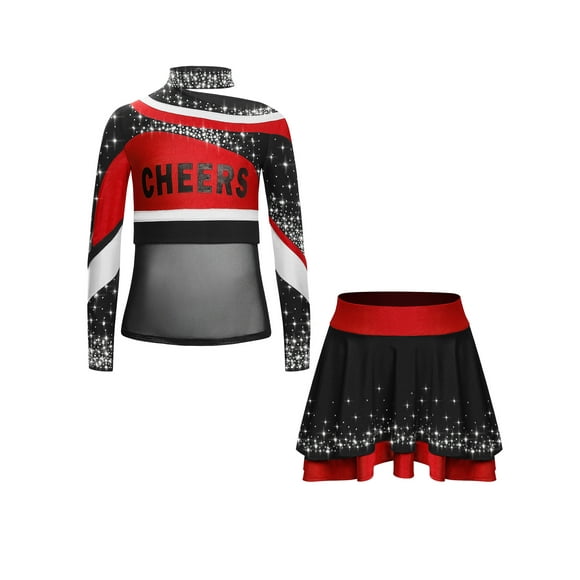 Rswnyirn Uniforme de Cheerleading pour Filles Enfants, Ensemble 2 Pcs, Haut Court à Empiècements de Couleur Brillante avec Jupe, Rouge 10