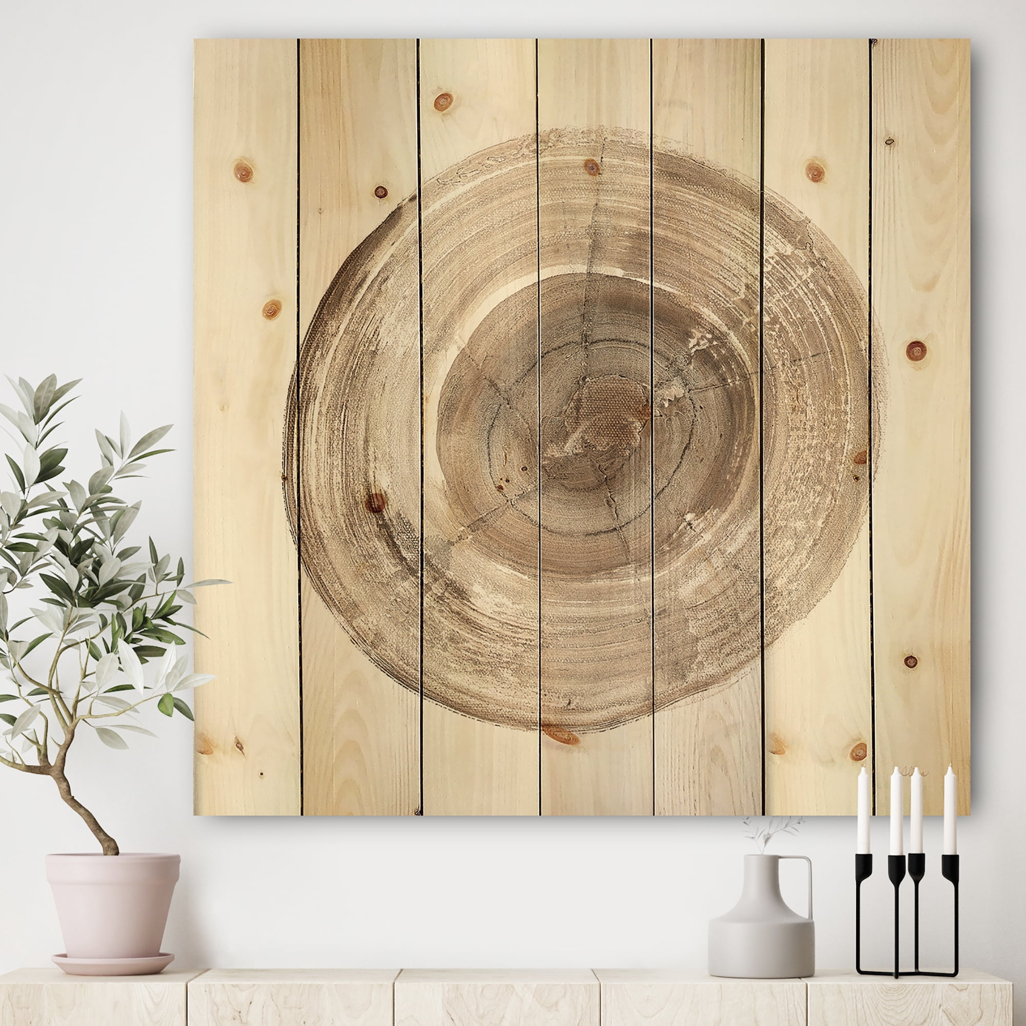 Designart 'Circle natural elements II' Farmhouse Print on Natural Pine Wood