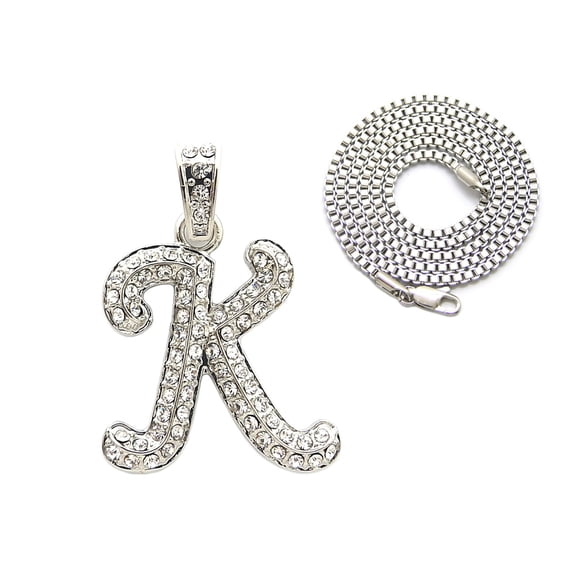 Stone Stud Cursive Letter Initial Pendant with 2mm 24" Box Chain Necklace in Silver-Tone, K
