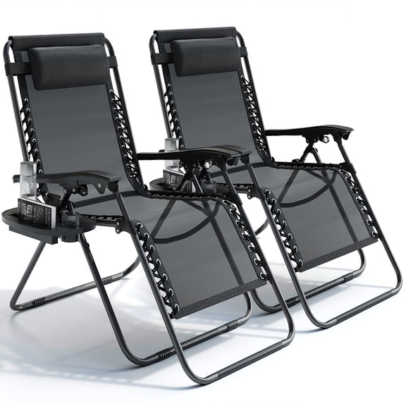 Hearth & Harbor Zero Gravity Chair Set of 2, Outdoor Lounge Chairs with Cup Holder, Black