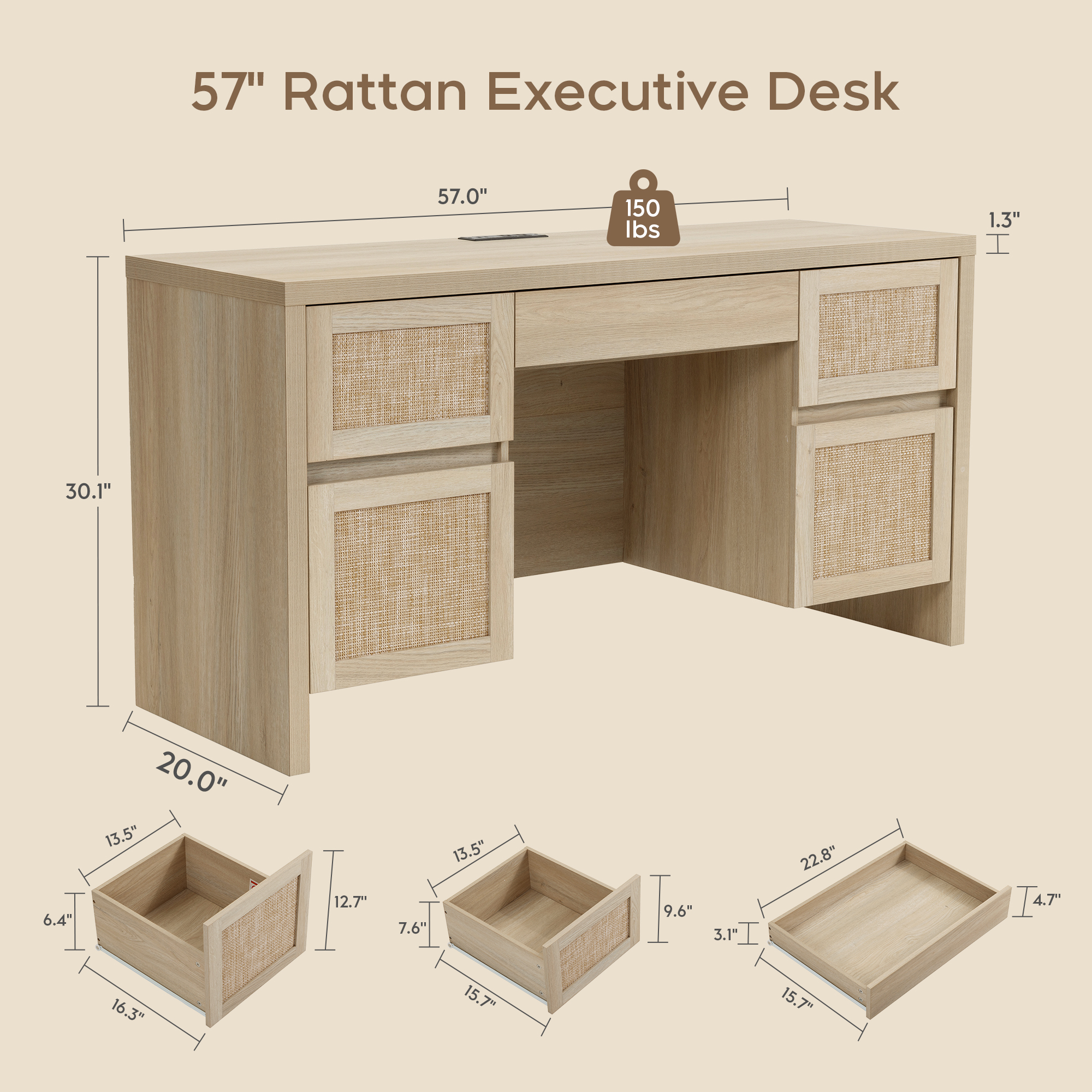Brafab Home Office Desk with Charging Station, 5-Drawer Executive Desk with Rattan Front, Modern Farmhouse Computer Writing Desk, Built-in USB/Type-C Ports & Outlets