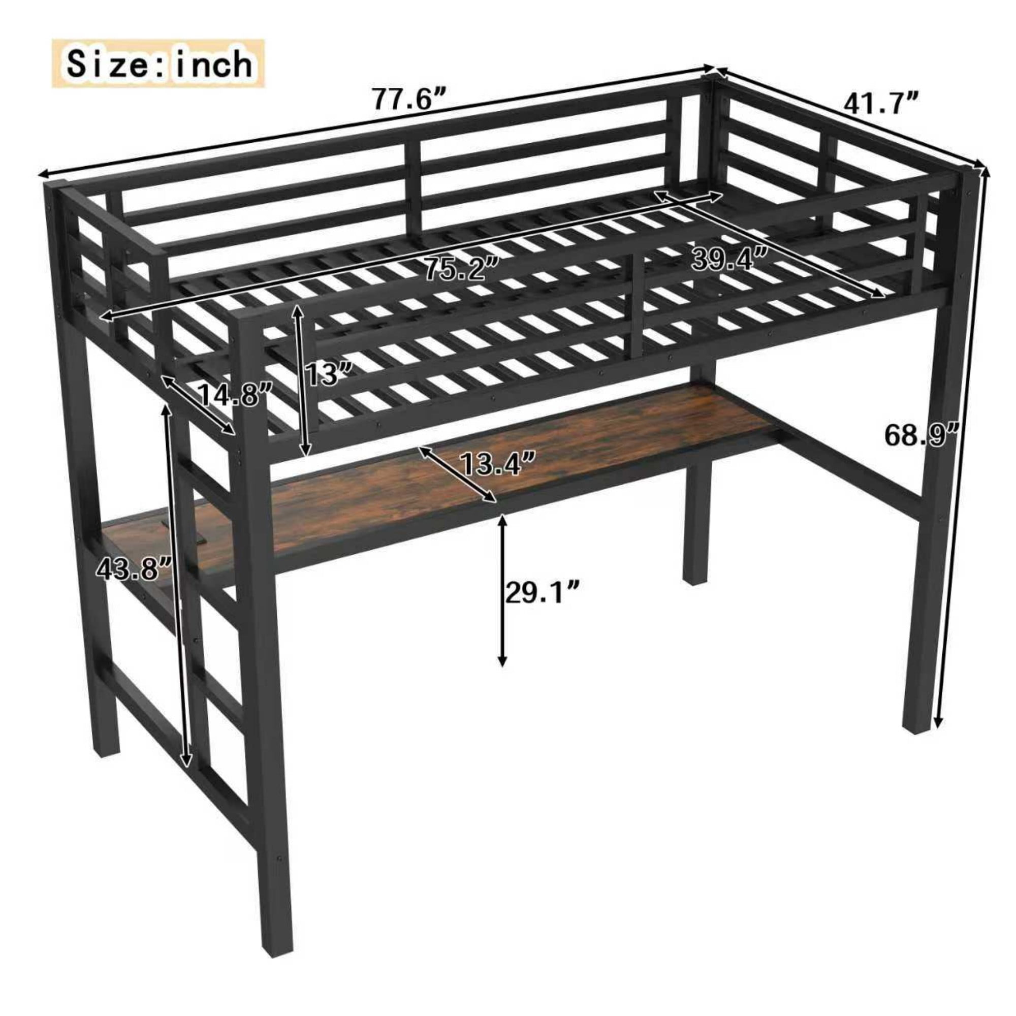 Aukfa Twin Size Metal Loft Bed with Desk, Charging Station and LED Lights for Kids, Space-Saving, Heavy Duty, Black
