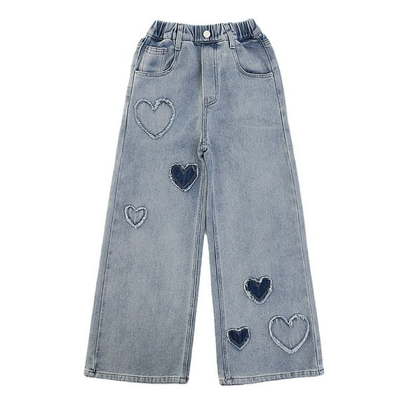 Teen Kids Girls Jeans Elastic Waist Wide Leg Pants Baggy Denim for Kids Girls 14-16 Years