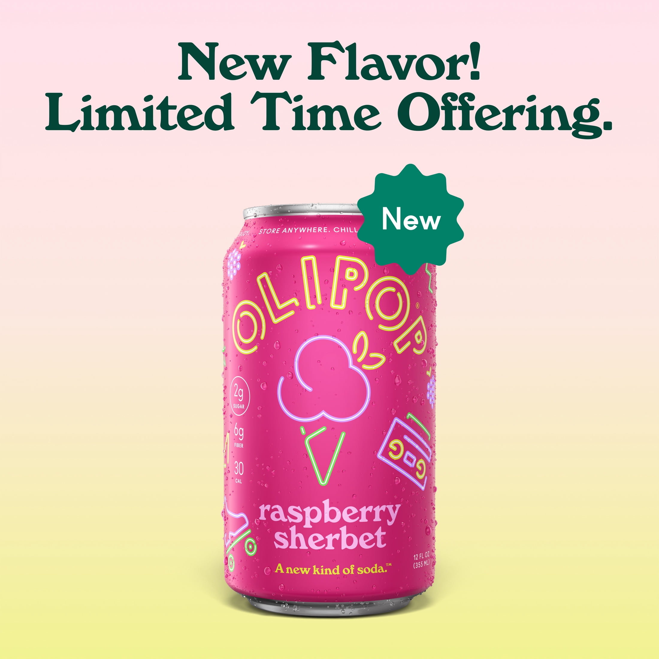 Olipop Prebiotic Soda, Raspberry Sherbet Flavor, 12 fl oz (Shelf