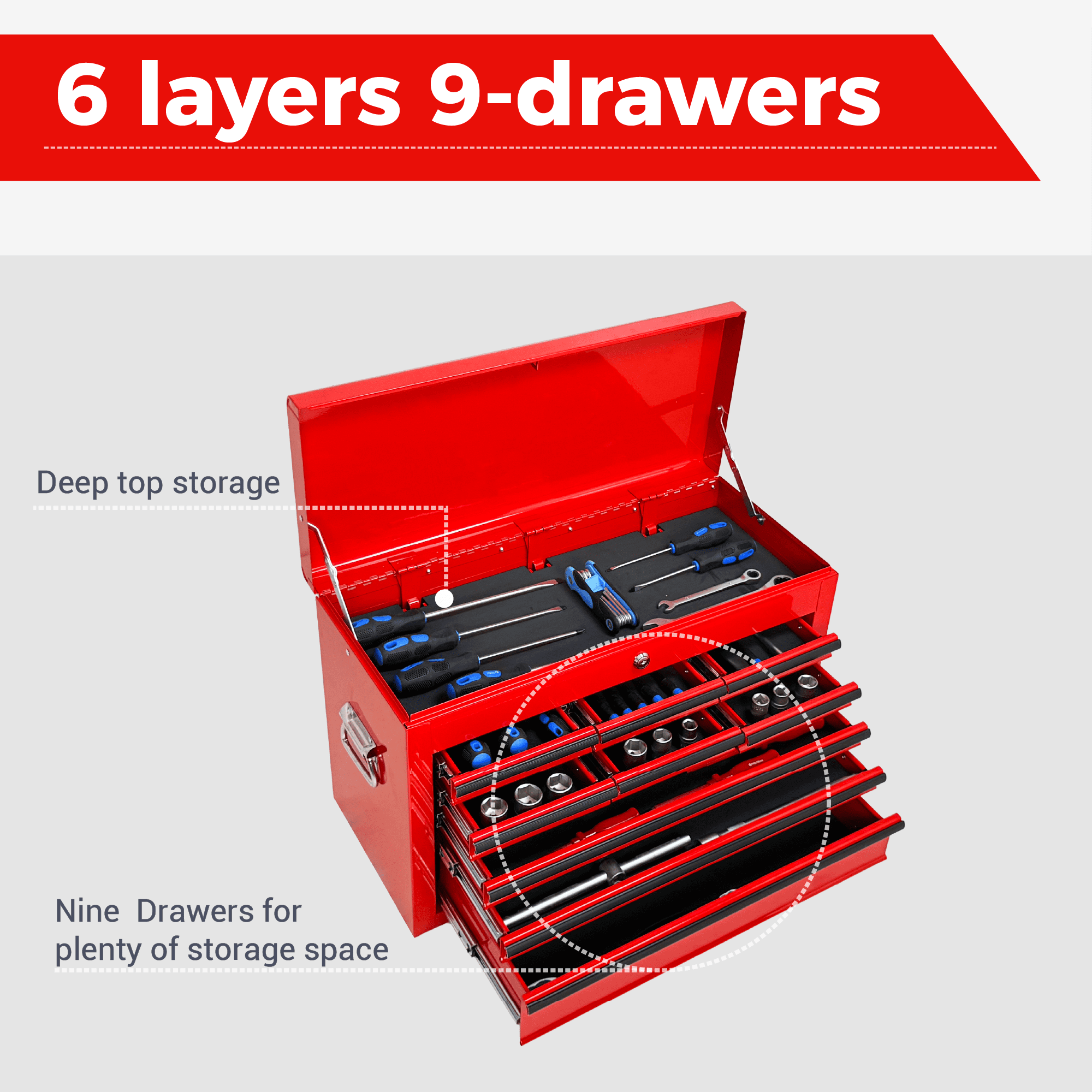 Heavy Duty Metal Tool Box,24 Inch Portable Tool Chest with 9 Drawers, Ball Bearing Slide Drawers with Auto-Locking System, Lockable Top Box Tool Organizer for Garage, Workshop, Truck,Red