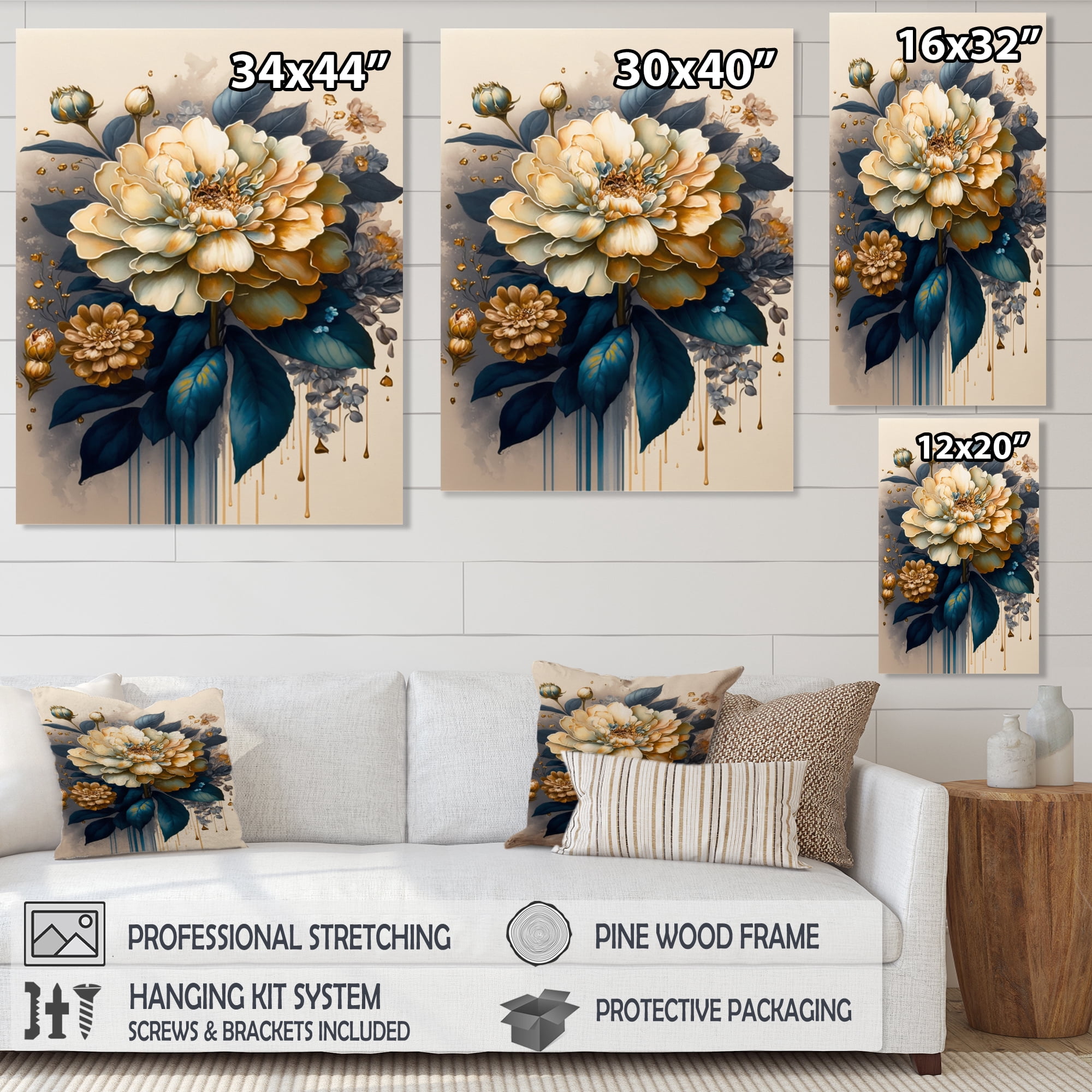 Designart Deep Yellow And Blue Zinnia Flowers II Canvas Wall Art