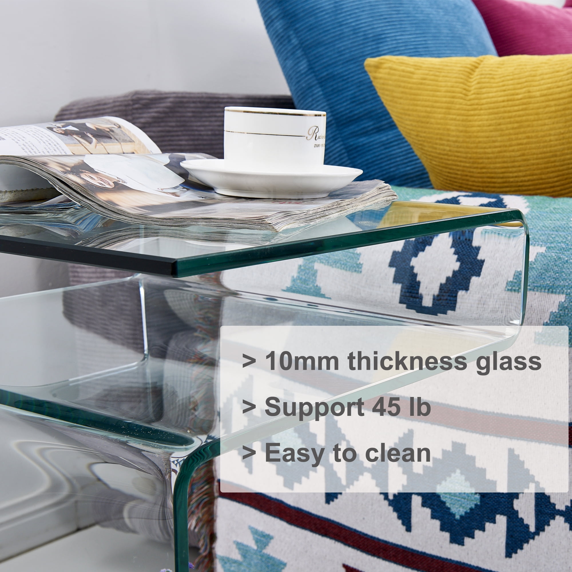 SMARTIK Clear Glass Nightstand, Modern Indoor S-Shape End Table, 16.55" x 14.56" x 24"