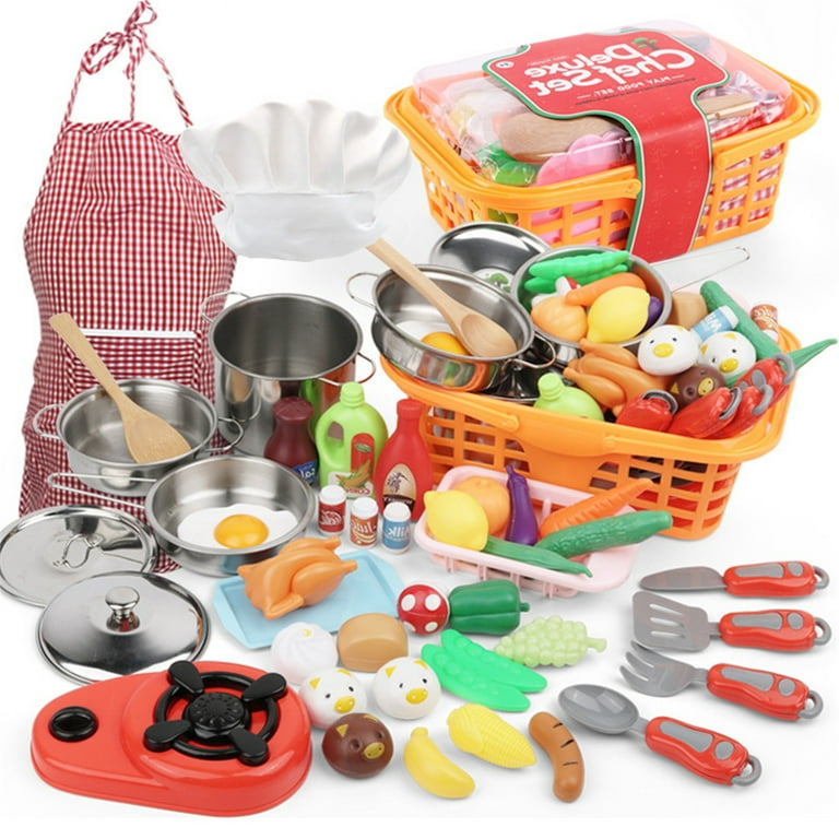42 Pcs Play Kitchen Accessories Kitchen Playset Toddler Pretend Cookware  Toy Cooking Utensils Stainless Steel Pots and Pans Set Apron Chef Hat  Plastic