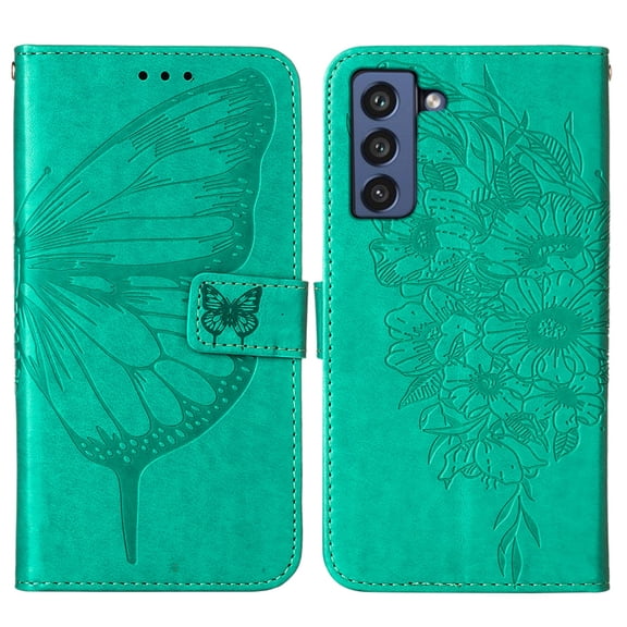 Wallet Case for Samsung Galaxy S21 FE 6.4 Inch, Luxury Butterfly Pattern PU Leather Shockproof Wrist Strap Flip Case with Magnetic Clasp Card Slots Kickstand Bracket Folio Phone Cover,Green