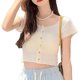 thumbnail image 4 of Camiseta corta de punto, Top corto de punto de manga corta ajustado dulce a la moda para verano, tamaño libre blanco, 4 of 12