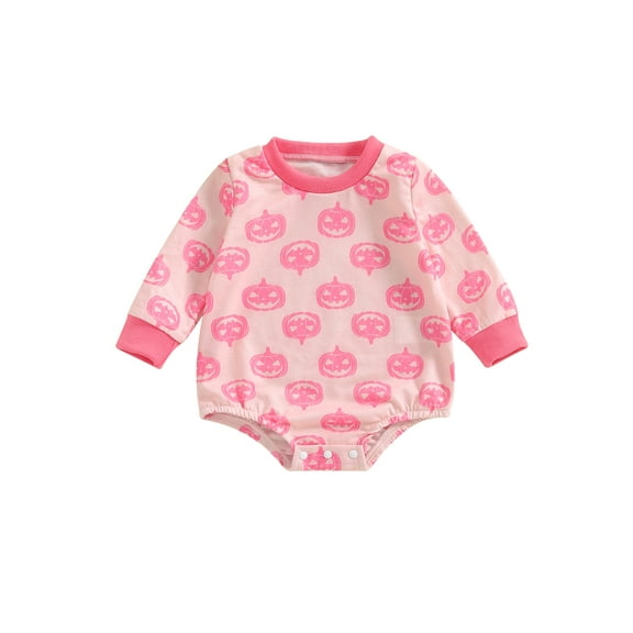 Suealasg Newborn Baby Girls Fall Halloween Outfit Clothes 3 6 12 18 24 Months Infant Girls Long Sleeve Pumpkin Print Romper Bodysuit