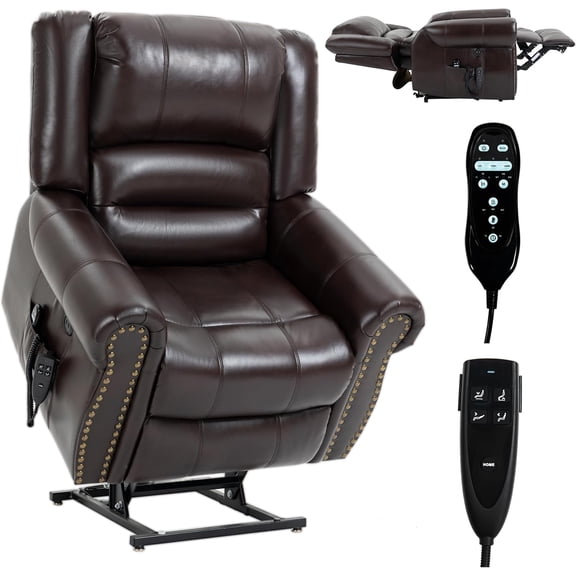 Dual Motor Power Lift Chair, Lay Flat Recliner Chair, Electric Recliner with Massage and Heat for Elderly, Remote Control, Infinite Position, Standing Assistance, USB Ports, Faux Leather, Brown