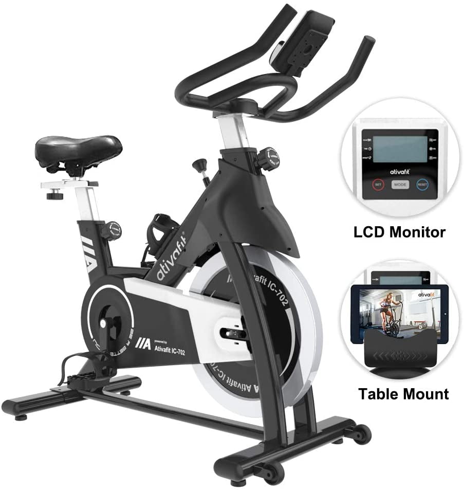 Comfortable Seat Cushion for Home Cardio Workout Bike Training IPad Mount 35 lbs Flywheel Belt Drive Bicycle with LCD Monitor Exercise Bike Stationary Indoor Cycling Bikes 