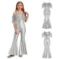 thumbnail image 5 of Raenseen Girls Sparkly Sequins Tassel Pageant Dance Party Jumpsuit Spaghetti Strap High Waist Flared Pants Romper Silver 6, 5 of 7