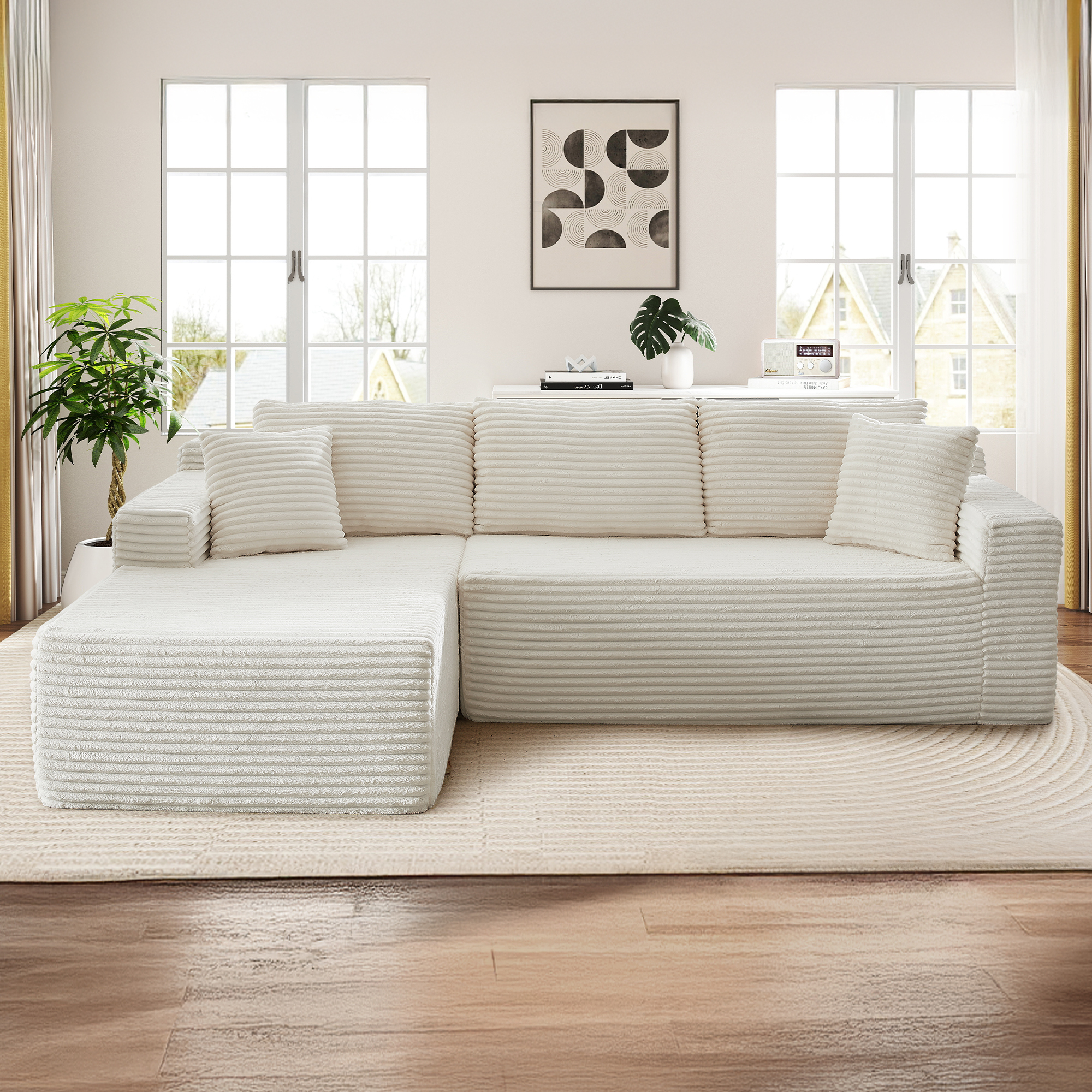 Muumblus Modular Sectional Sofa, Oversized L-Shape Cloud Couch, Modern Corduroy Sleeper Couches for Living Room, No Assembly Required, Beige White (Left Facing Chaise)