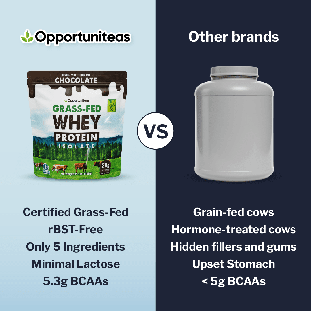 Opportuniteas Grass Fed Chocolate Whey Protein Isolate Powder - 20g Protein Powder Without Artificial Sweeteners, Hormone-Free Cows, Non GMO - 2.5lbs