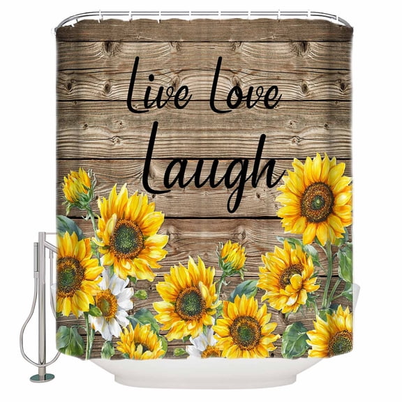 Watercolor Sunflower Leaf Plant Shower Curtain for Bathroom, Farm Vintage Brown Wood Board Waterproof Shower Curtains Washable Quick Dry with Hooks Bathtub Curtains 72x72 IN