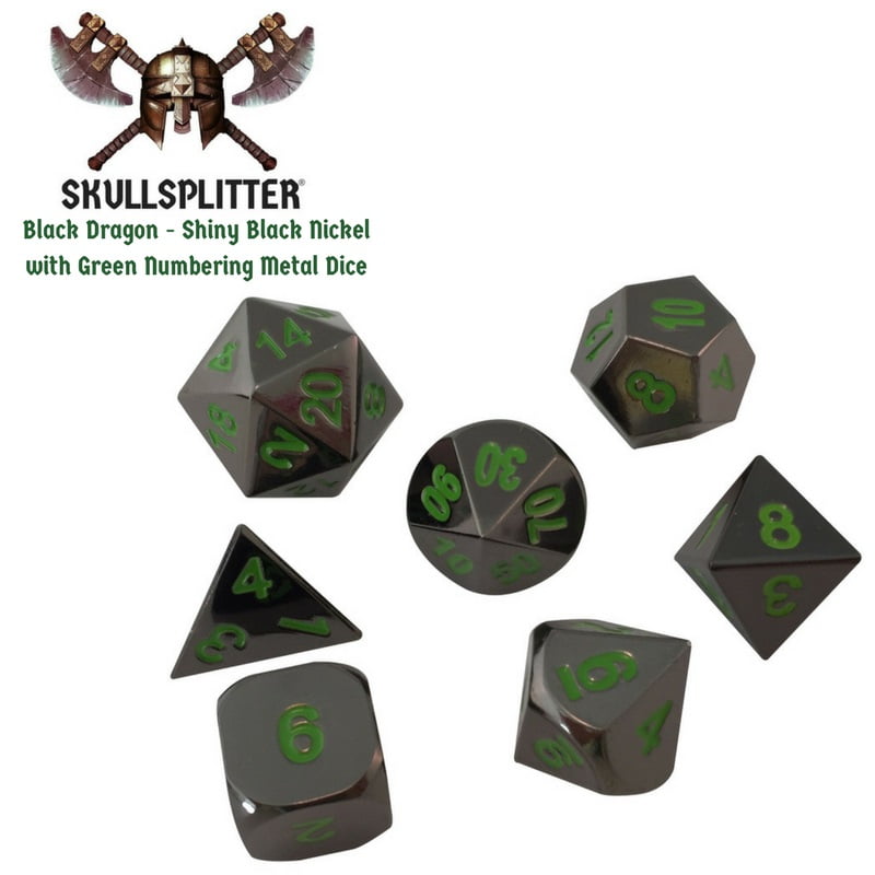 Thieves Tools with Black Dragon | Shiny Black Nickel with Green Numbering Metal Dice -