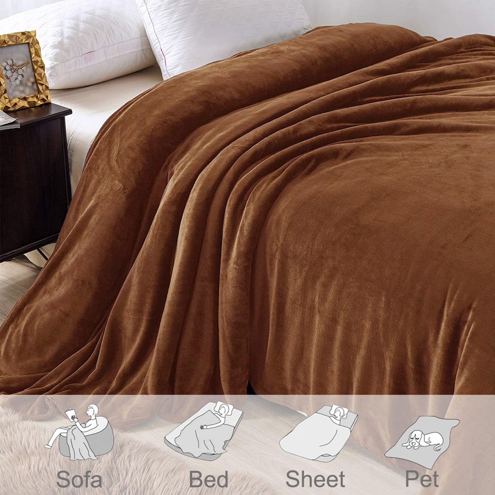 Exclusivo Mezcla Queen Size Flannel Fleece Velvet Plush Bed Blanket as Bedspread, Coverlet, Bed Cover (90"x90", Brown)