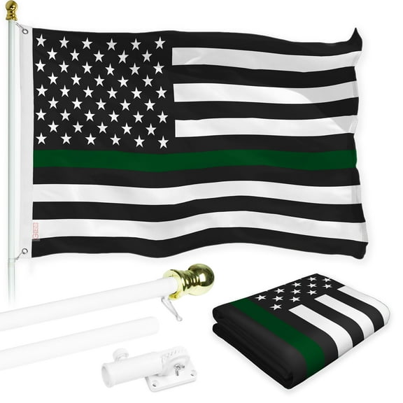 G128 Combo Pack: Flag Pole 6 FT White Tangle Free & Thin Green Line Flag 3x5 FT Brass Grommets Printed Polyester (Flag Included) Aluminum Flag Pole