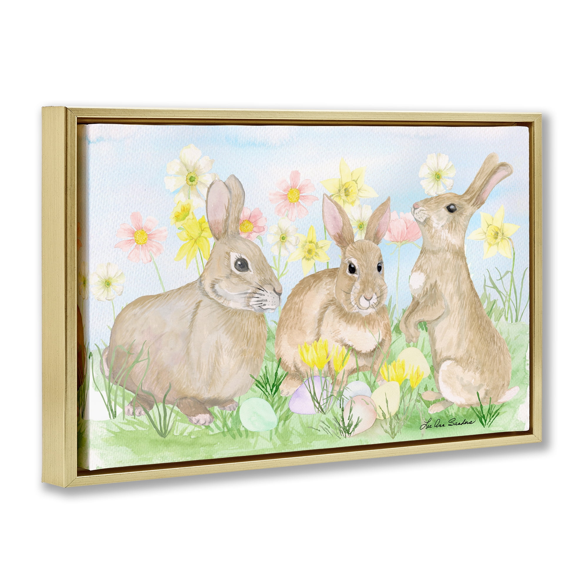 Three Bunnies In The Grass Gold Framed Floater Canvas Wall Art, design by Lee Ann Sanders