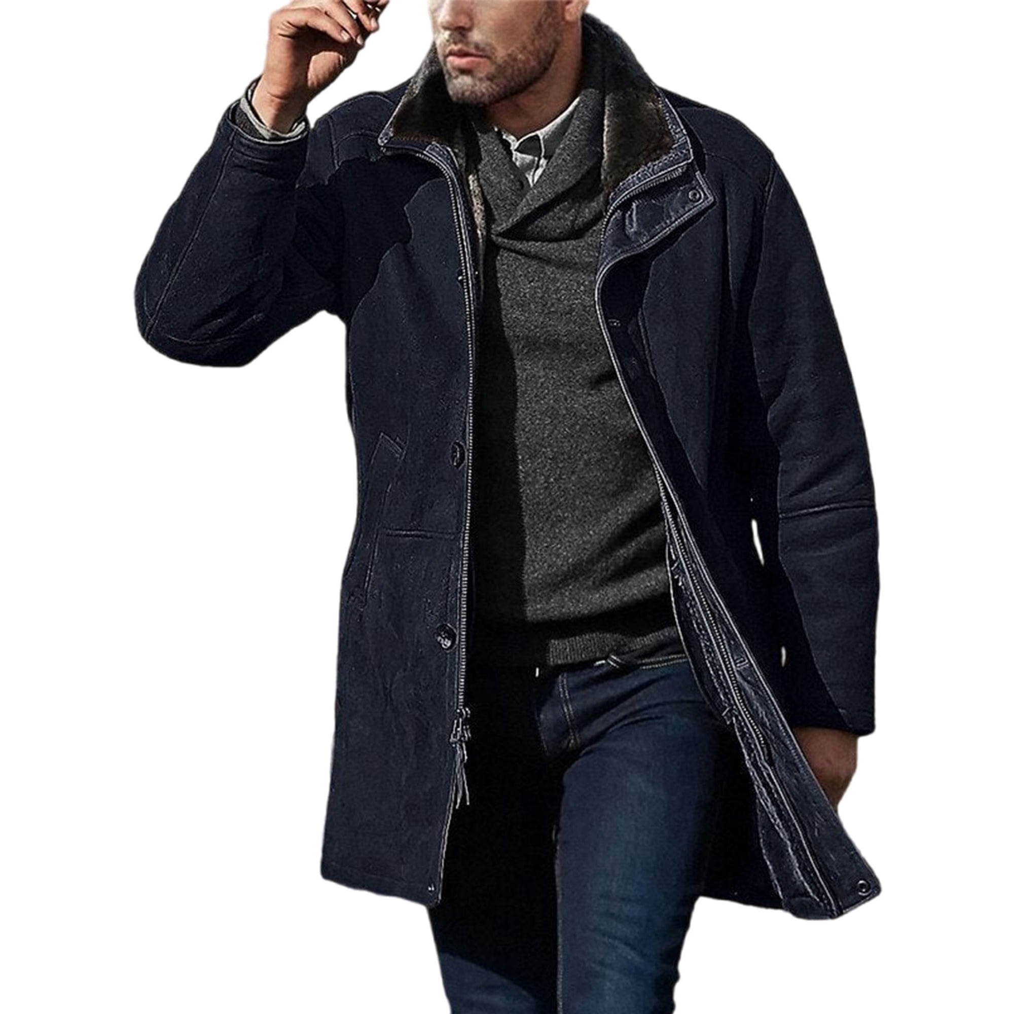 Avamo Men Trench Jacket Long Sleeve Outwear Winter Warm Coat Thick Coats Formal Hidden Green 2XL
