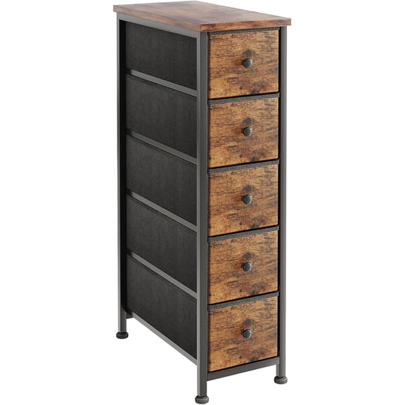 19" Wide Narrow Dresser with 5 Drawers, Slim Fabric Storage Tower Chest of Drawers for Small Spaces, Wood Top & Fabric Bins for Bedroom Bathroom Closet