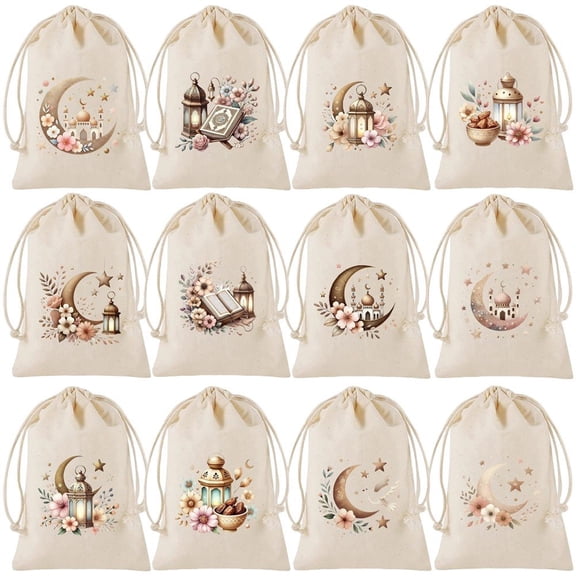 Jiibva 12Pcs Eid Mubarak Cotton Drawstring Gift Bag Ramadan Eid Islamic Holiday Candy Goodie Bags Party Favor Decor