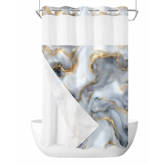 No Hook Shower Curtains with Snap in Liner, Marble Abstract Waterproof Fabric Shower Curtain, Impressionist Minimalism Modern Double Layers & See-Through Top Window Bathroom Curtains 36''x72''
