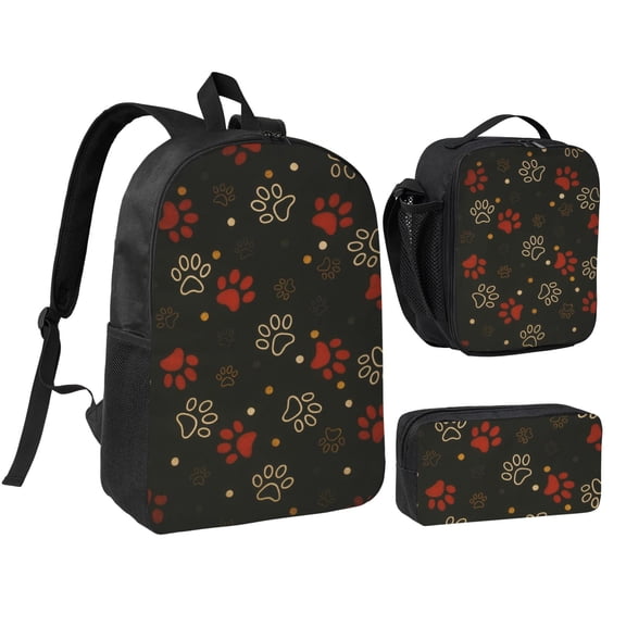 Cute Animal Dog Paw Print Insulated Lunch Bag Backpack Set 3pc ,Backpack with Lunch Bag and Bag 17 Inch
