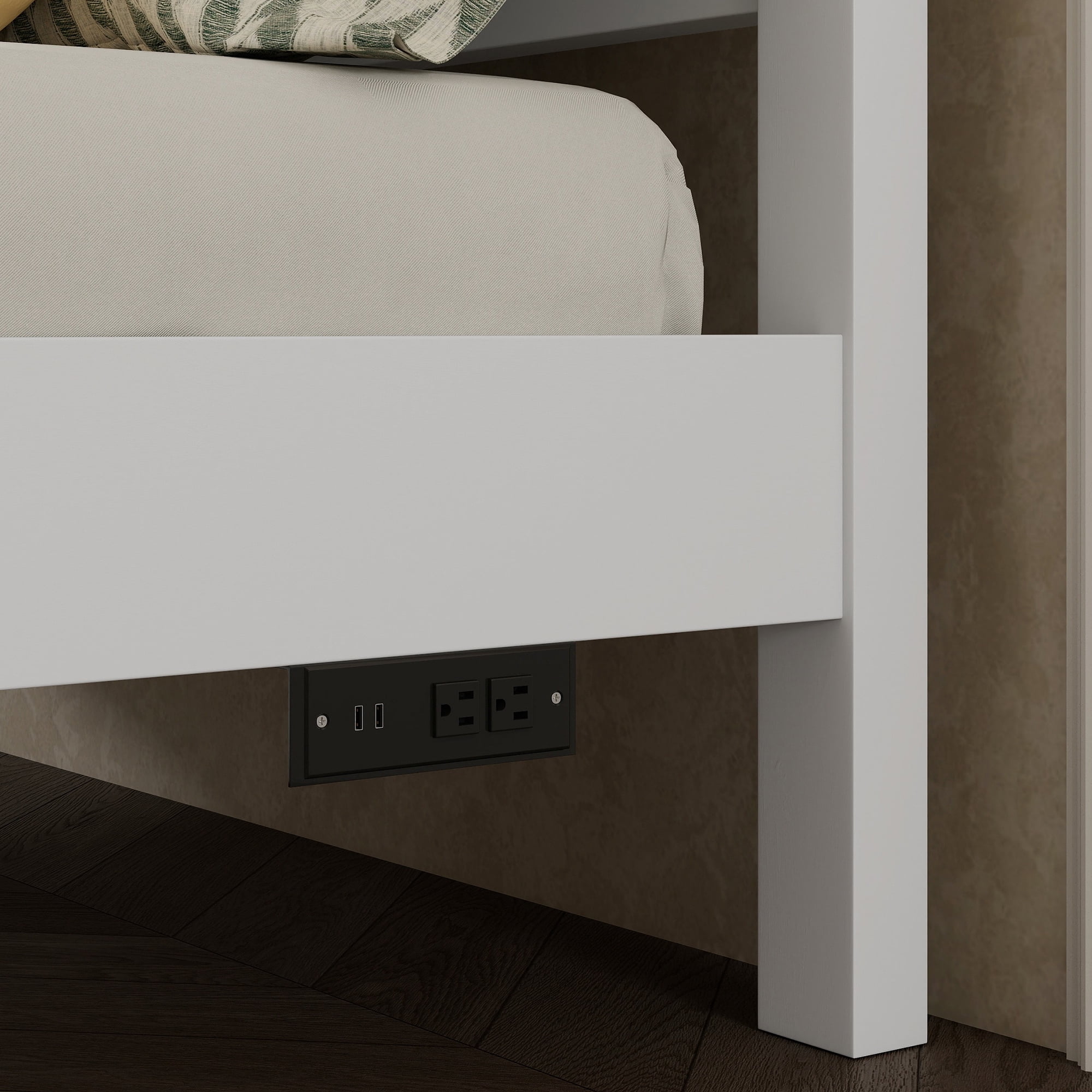 Mirightone King Size Farmhouse Bed Frame with Charging Station, Tall Headboard & Footboard, Solid Wood Platform Bed, No Box Spring Needed, Noise-Free, White
