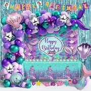 WEEKS 109Pcs Mermaid Theme Birthday Decorations for Girl Mermaid Party Supplies Including Tablecloth Backdrop Banners Cake Toppers Foil Balloons and Latex Balloons Fringe Curtain Decorations Kit