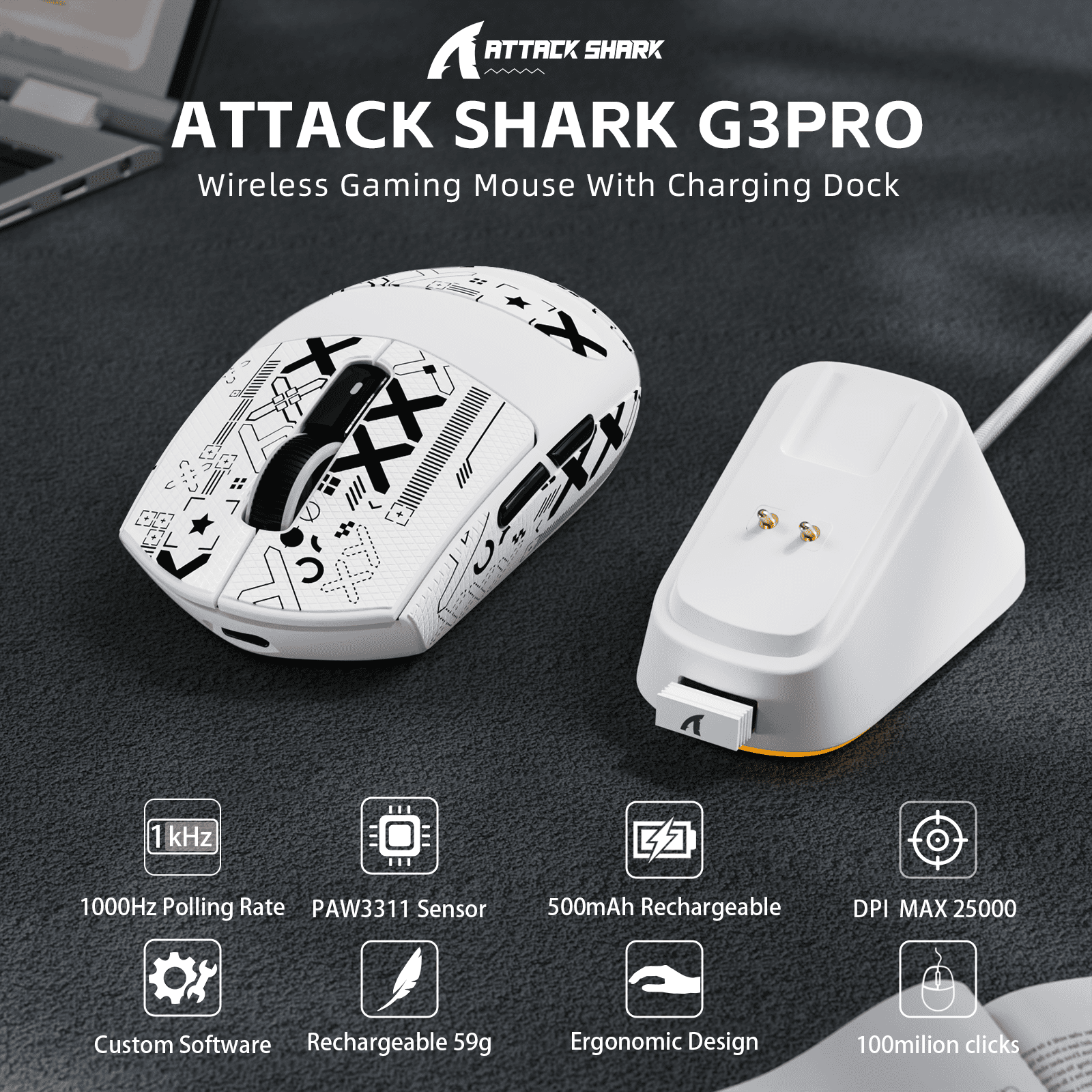 ATTACK SHARK G3PRO Tri-mode Wireless Gaming Mouse with Charge Dock 25000 DPI Ultra Lightweight